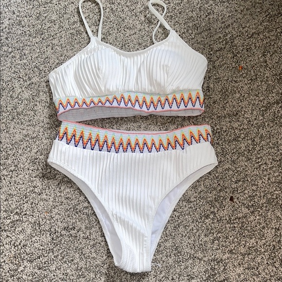 White Bikini with Colorful Zigzag Trim - Picture 1 of 2
